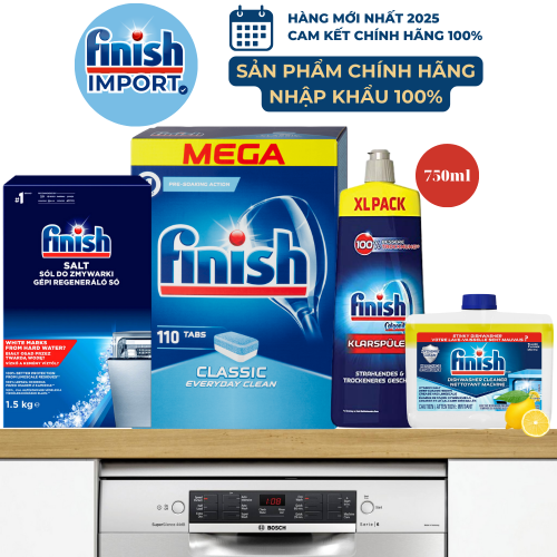 Mega Combo 4 món: 110 viên Finish Classic (Hương Nguyên Bản) + 1,5kg muối Finish + 750ml nước làm bóng + 250ml vệ sinh máy Finish
